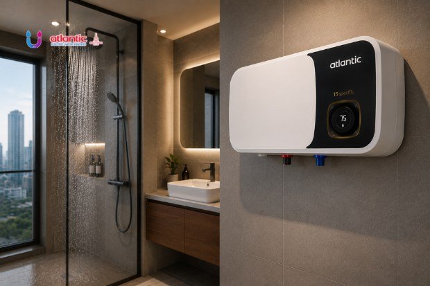 pemanas air Atlantic dengan shower aktif di kamar mandi modern
