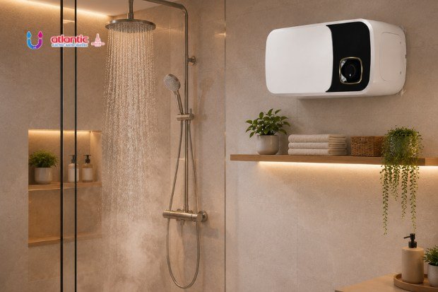 Kamar mandi minimalis dengan water heater Atlantic dan shower air hangat
