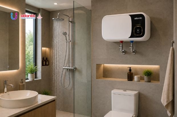 Atlantic Water Heater terpasang di kamar mandi modern dengan shower untuk menghadirkan air hangat yang nyaman setiap hari atlanticwaterheater.co.id