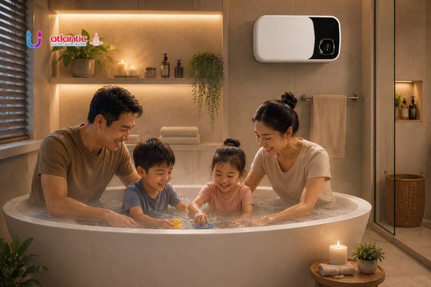 Keluarga menikmati waktu bersama di bathtub berisi air hangat dengan water heater Atlantic