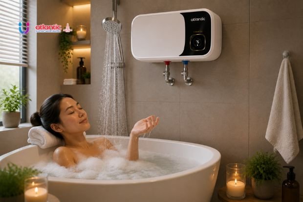 Water Heater di kamar mandi rumah modern dengan desain elegan dan sistem shower air hangat atlanticwaterheater.co.id