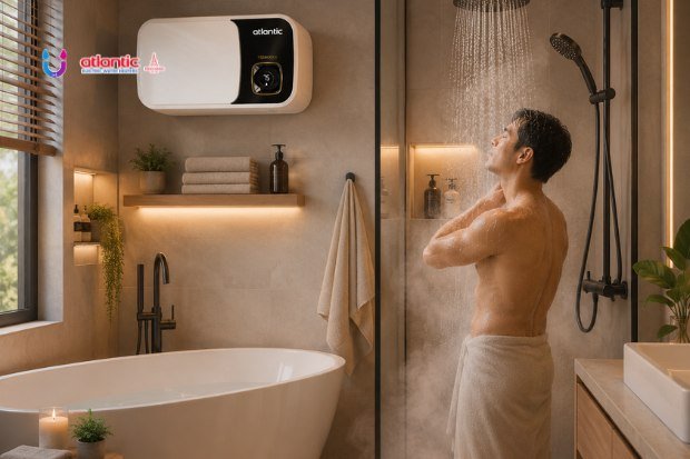 Pria mandi menggunakan shower air hangat di kamar mandi modern dengan water heater Atlantic