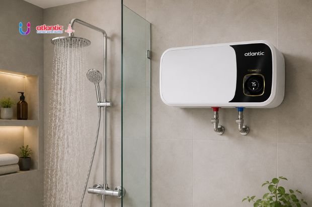 Kamar mandi minimalis menggunakan Atlantic Water Heater dengan shower yang mengalirkan air hangat untuk kebutuhan keluarga atlanticwaterheater.co.id