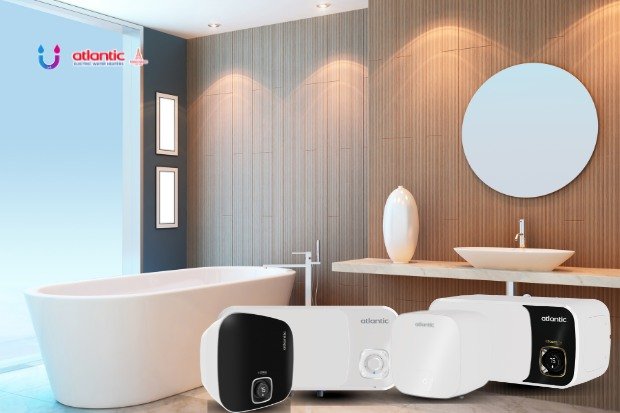Desain kamar mandi minimalis dengan Atlantic Water Heater yang elegan