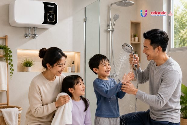 Keluarga bahagia menikmati waktu bersama di kamar mandi dengan Atlantic Water Heater dan shower air hangat