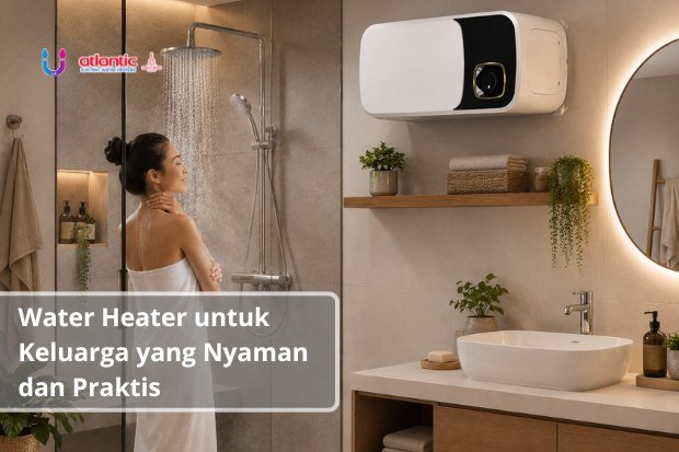 Water heater Atlantic modern di kamar mandi dengan shower yang mengalirkan air hangat