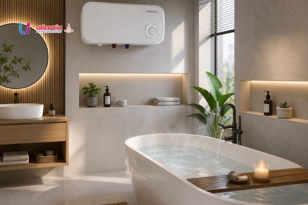  water heater desain modern Atlantic di kamar mandi minimalis dengan suasana nyaman untuk berendam.