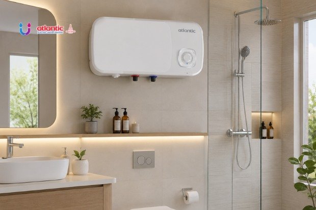 Water heater desain modern Atlantic menghadirkan kenyamanan mandi air hangat di kamar mandi bergaya modern.