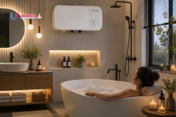 Water heater desain modern Atlantic terpasang di kamar mandi elegan dengan bathtub berisi air hangat.