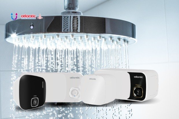 Atlantic Water Heater di kamar mandi minimalis dengan aliran air hangat yang nyaman